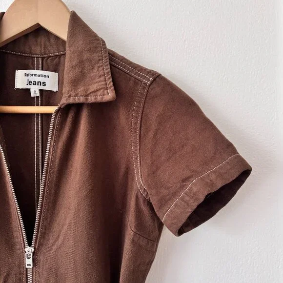 Reformation Jeans Cassidy Chocolate Brown Denim Jumpsuit - Picture 8 of 12